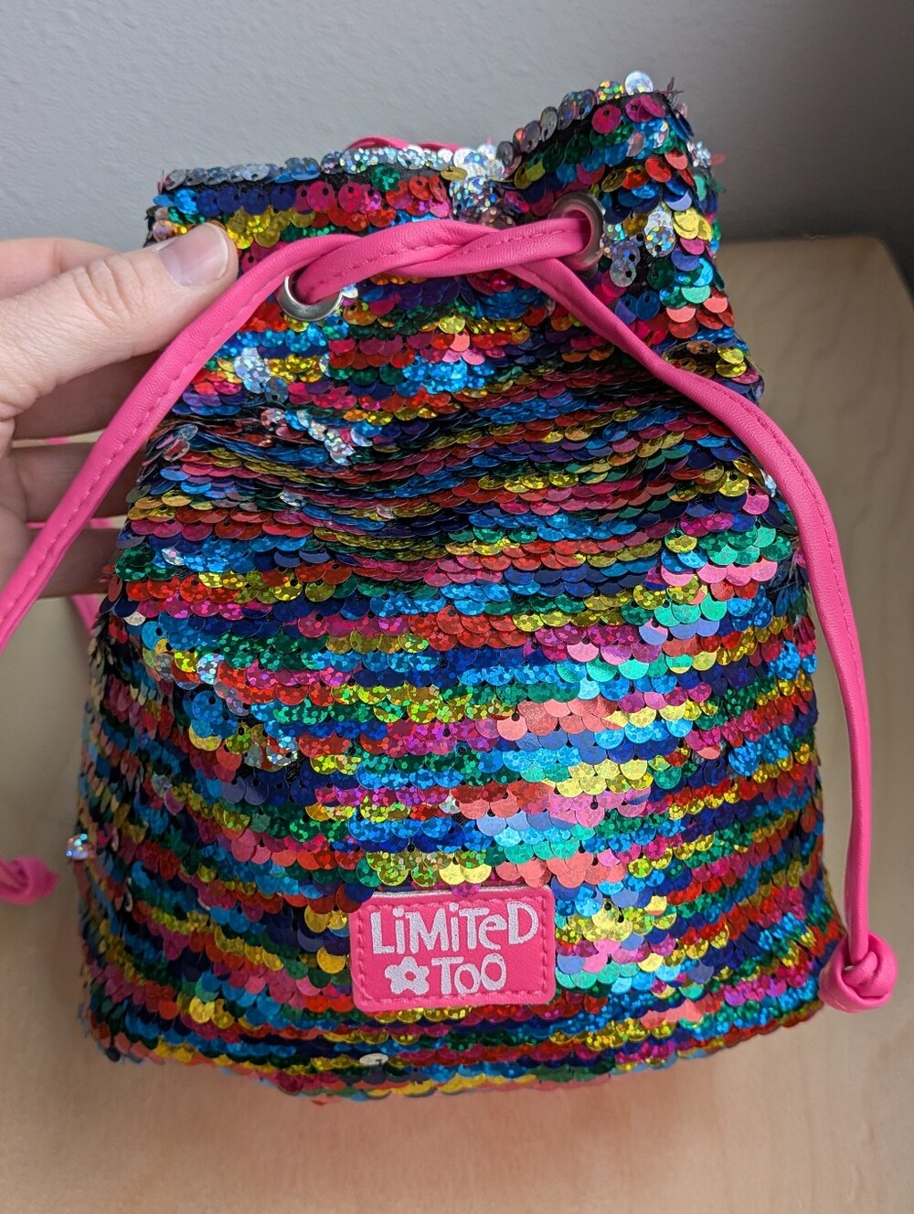 Limited Too Rainbow Flip Sequin Mini Backpack Drawstring Bucket Bag